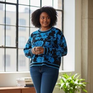 New York & Company Blue Black Floral Print Classic Staple Sweater Size 2X